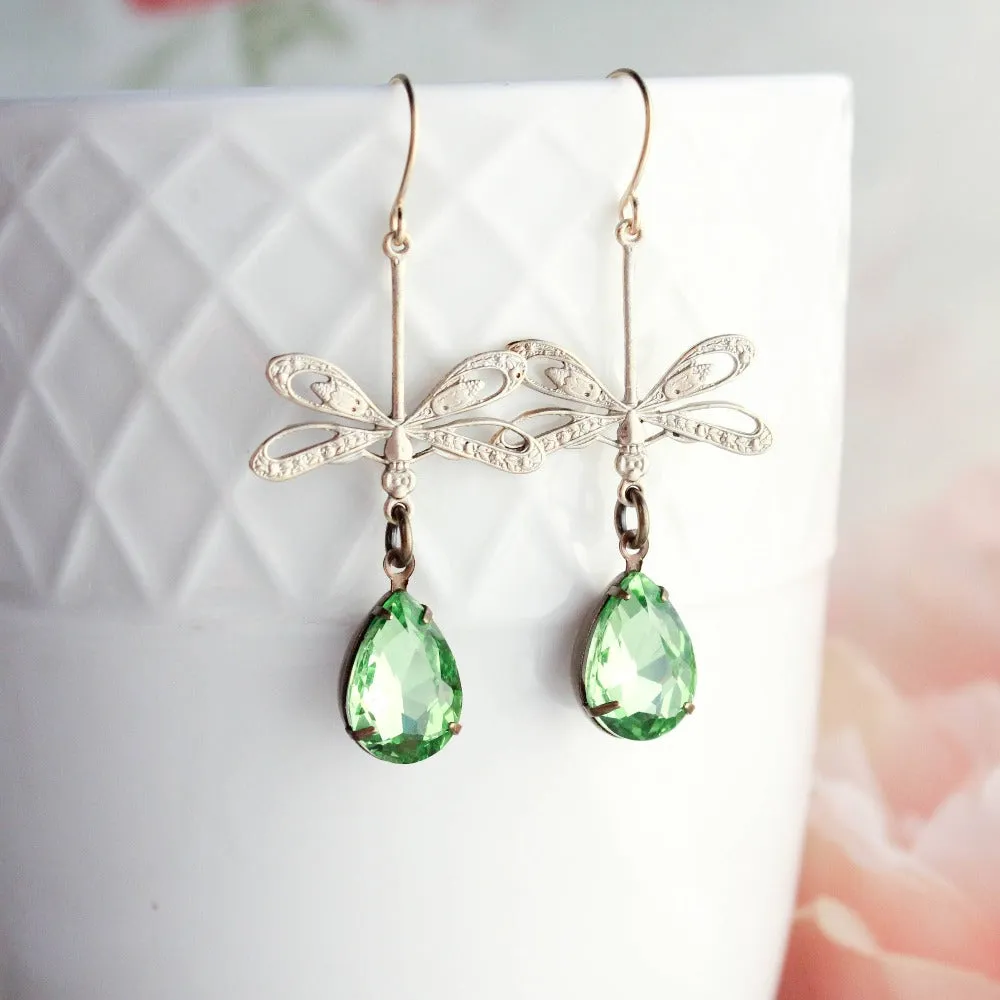 Gold Patina and Green Glass Dragonfly Earrings