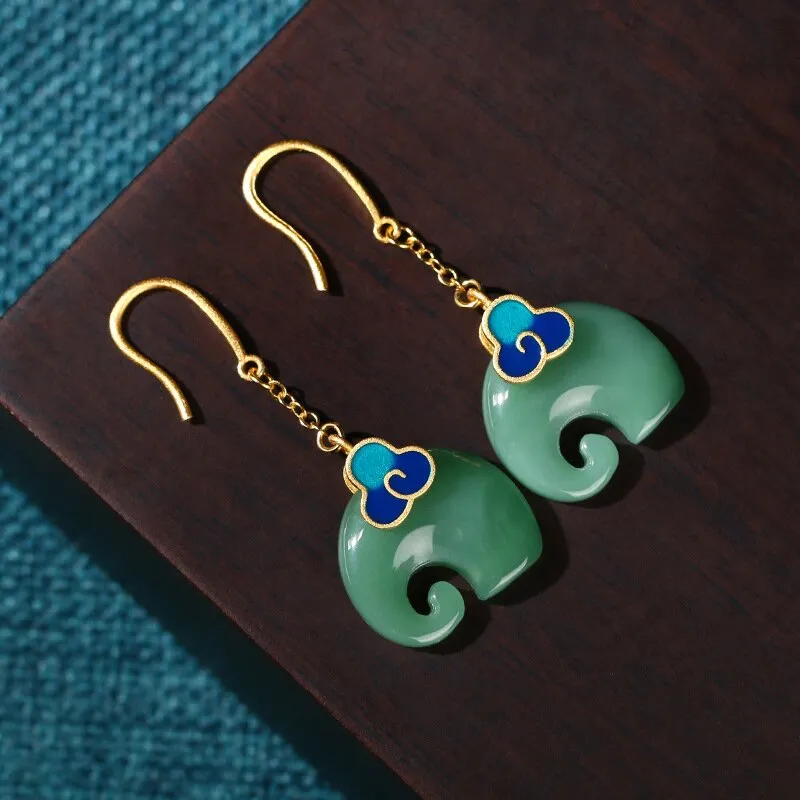 Gold-plated cold enamel Xiangyun elephant imitation Hetian jade vintage cheongsam wind earrings earrings earrings jade jewelry