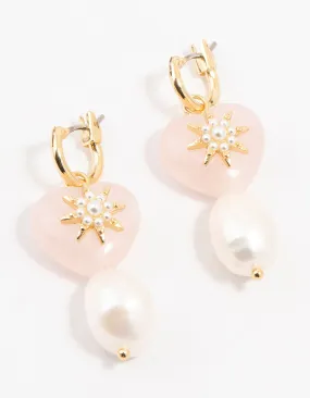 Gold Plated Semiprecious Rose Quartz Heart & Pearl Earrings