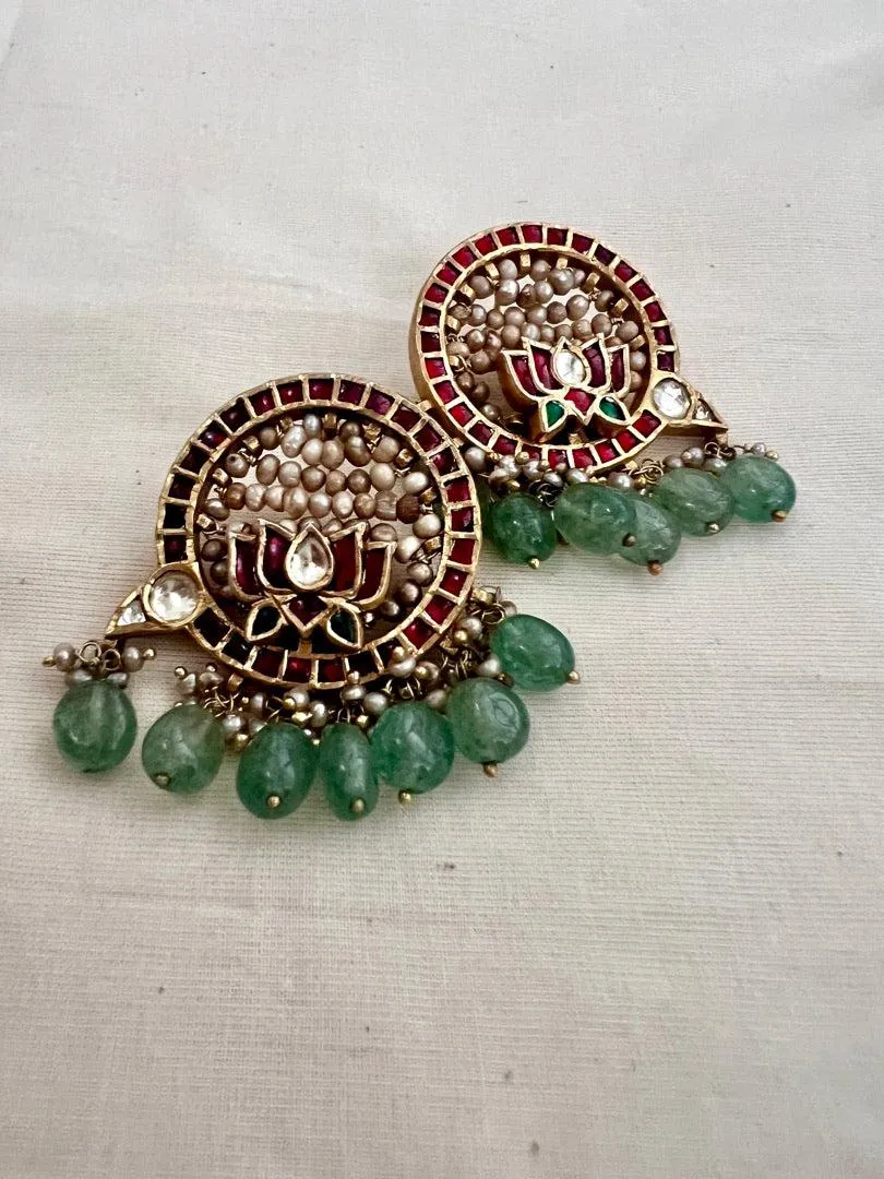 Gold polish kundan & ruby lotus earrings with pearls & jade beads