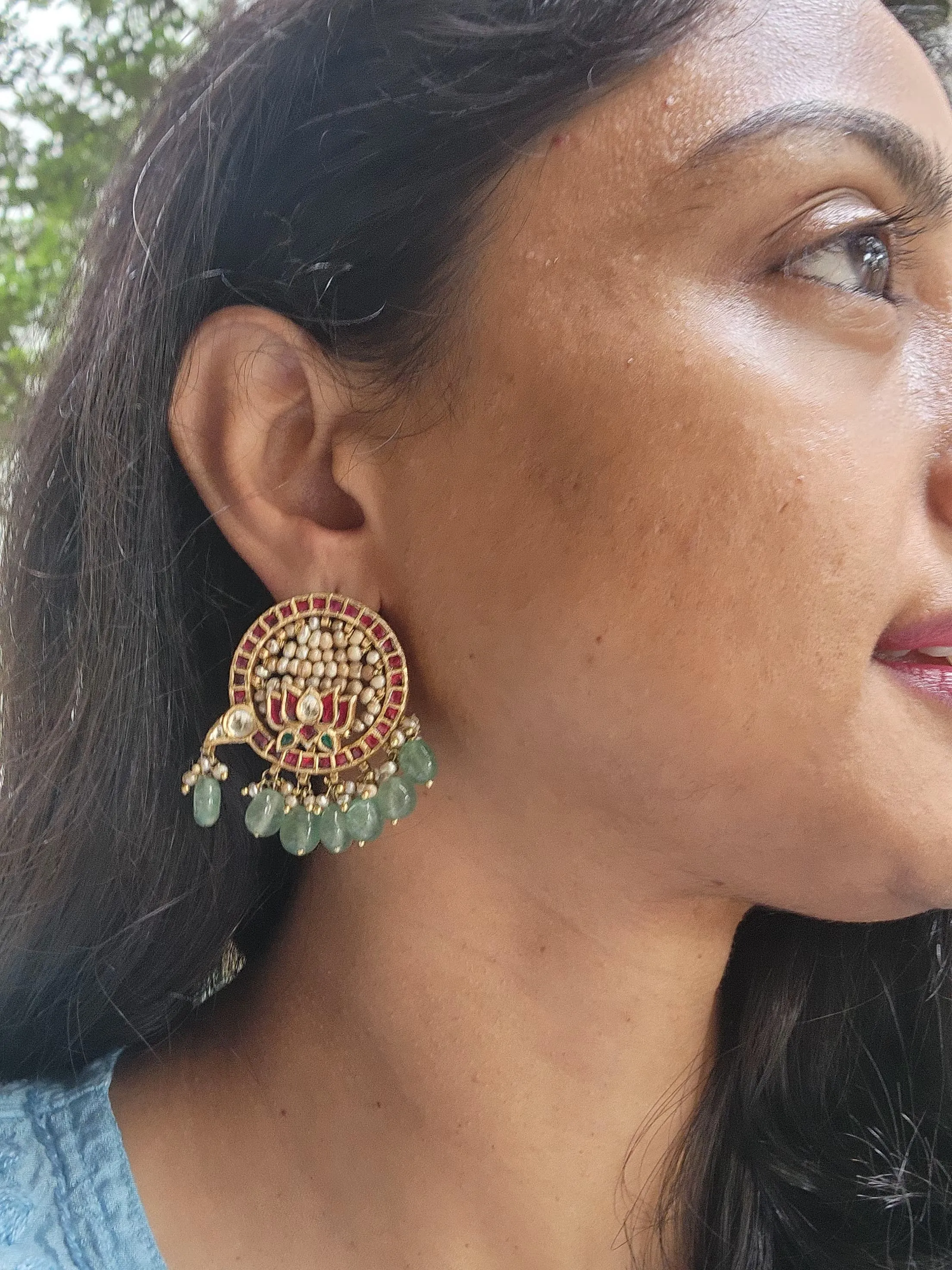 Gold polish kundan & ruby lotus earrings with pearls & jade beads