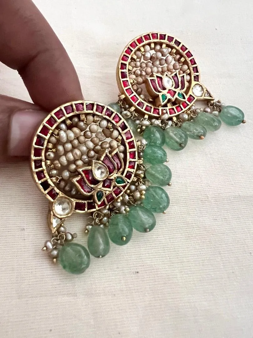 Gold polish kundan & ruby lotus earrings with pearls & jade beads