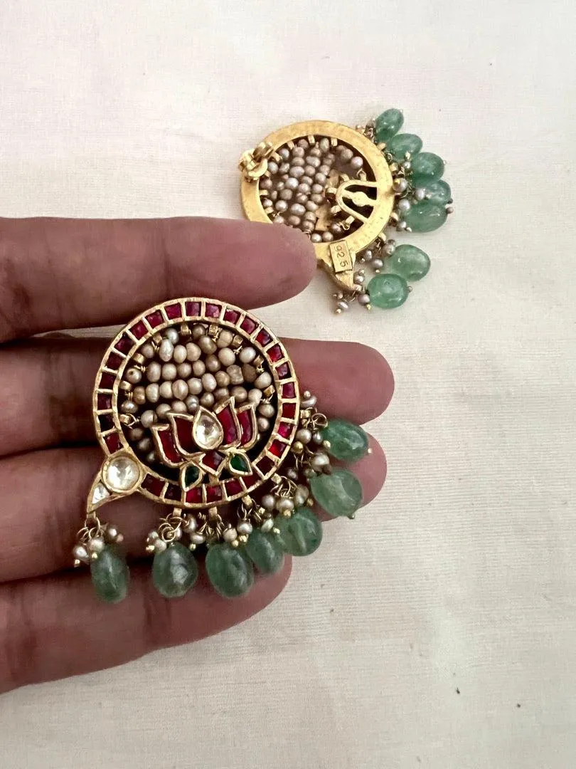 Gold polish kundan & ruby lotus earrings with pearls & jade beads