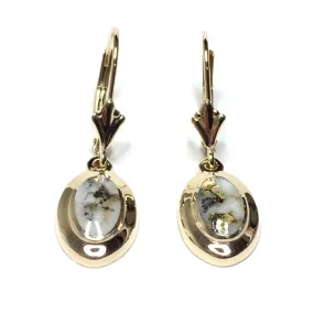 Gold Quartz Earrings Oval Shape Inlaid Lever Backs