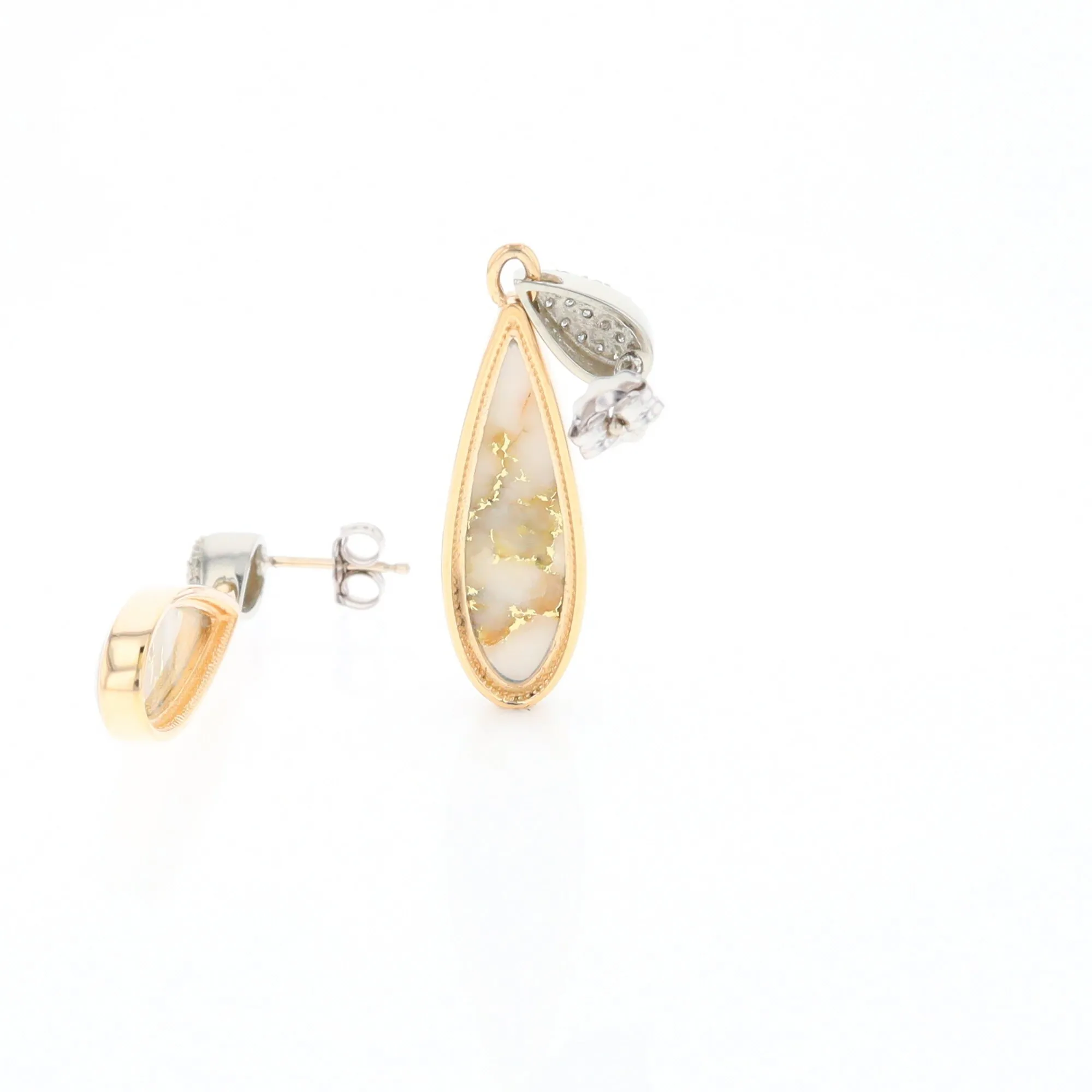 Gold Quartz Earrings, Tear Drop Inlaid with .22ctw Diamond Pave Design