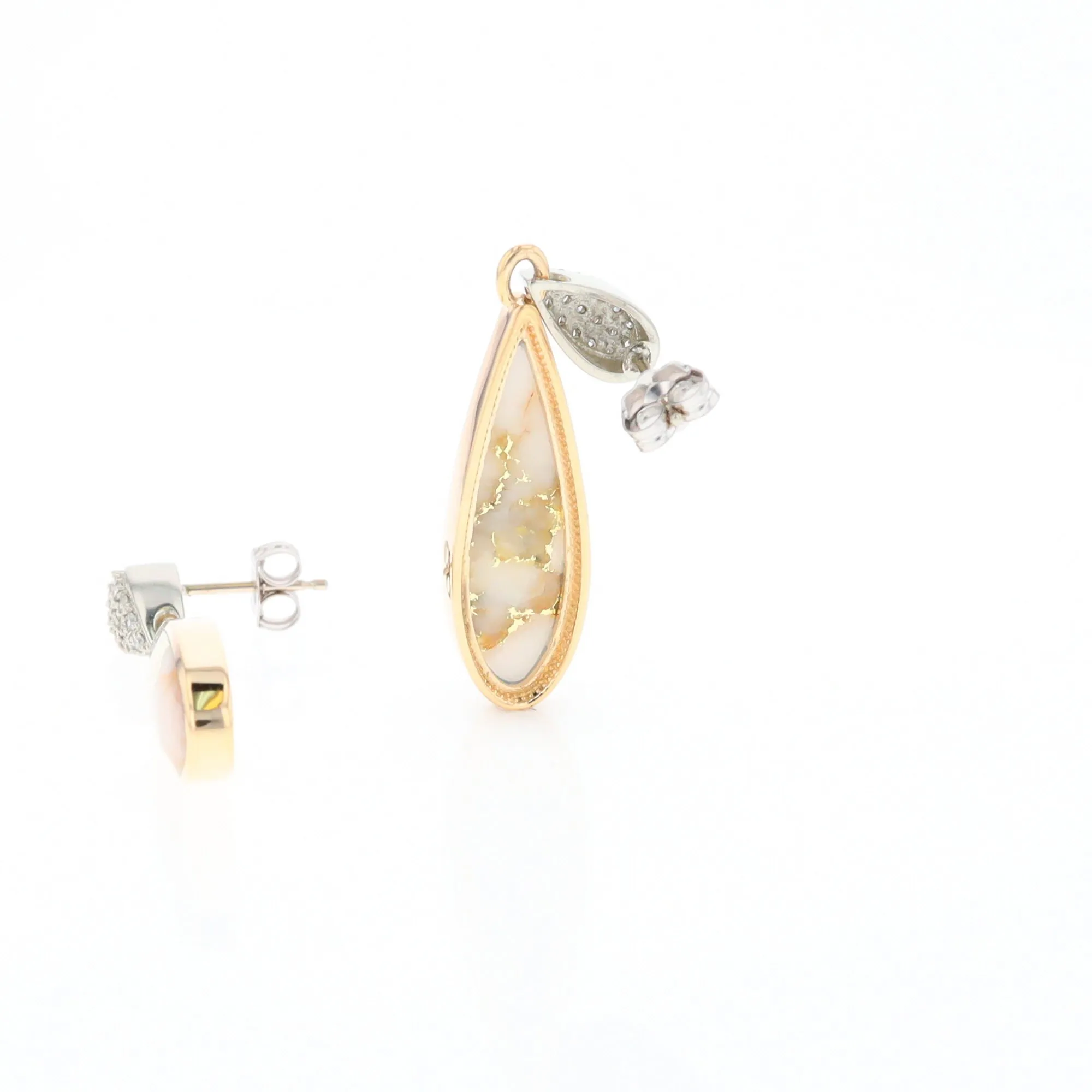 Gold Quartz Earrings, Tear Drop Inlaid with .22ctw Diamond Pave Design