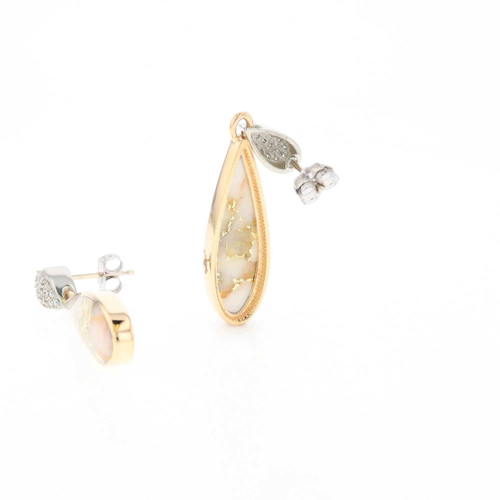 Gold Quartz Earrings, Tear Drop Inlaid with .22ctw Diamond Pave Design