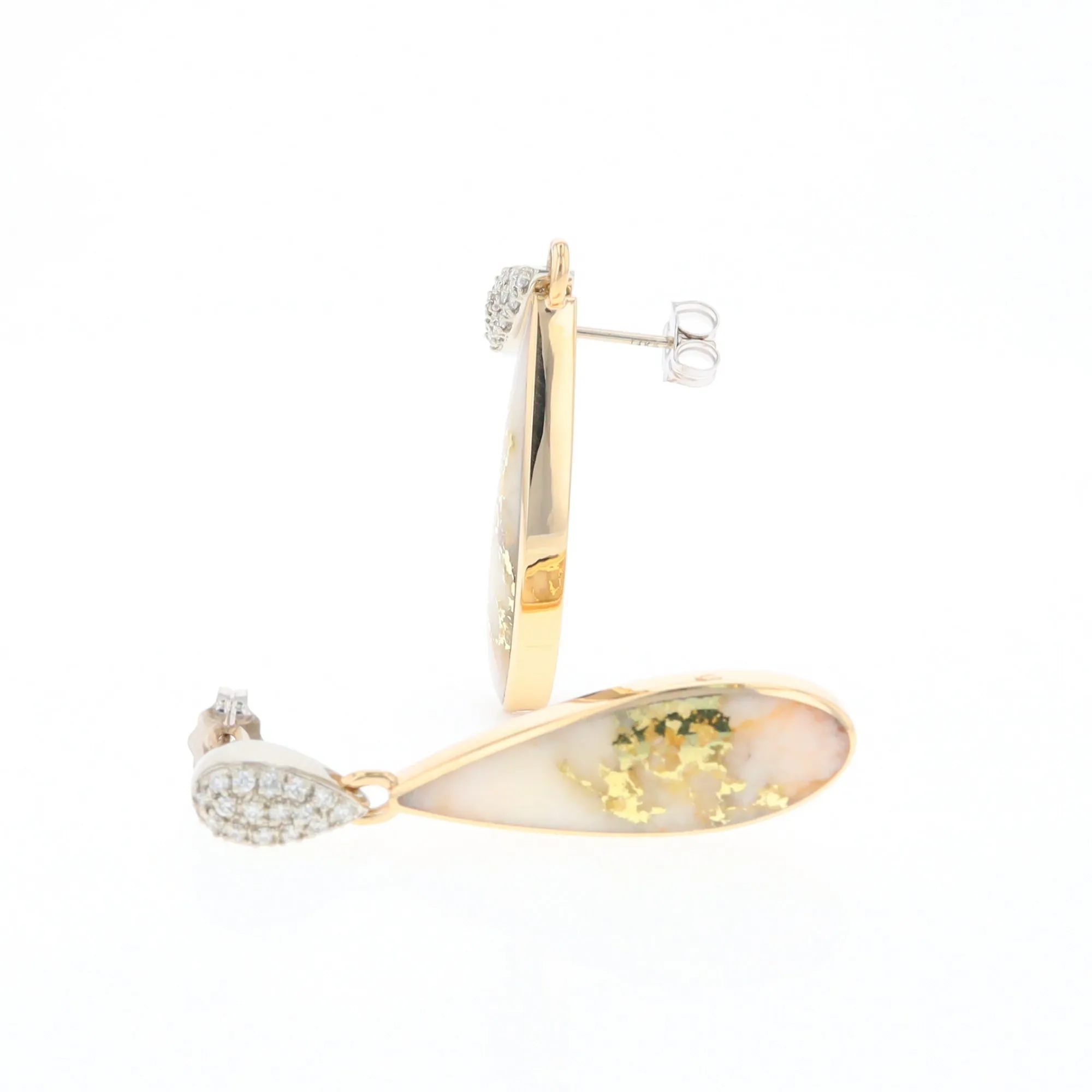 Gold Quartz Earrings, Tear Drop Inlaid with .22ctw Diamond Pave Design