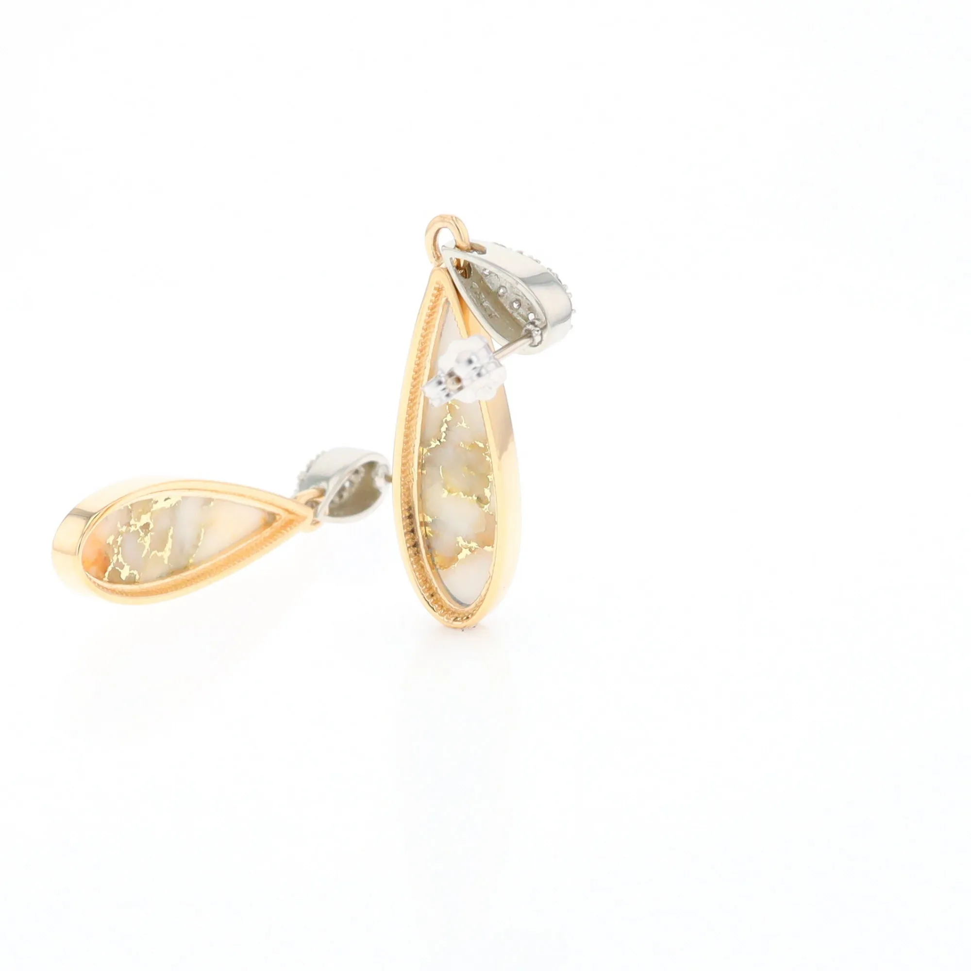 Gold Quartz Earrings, Tear Drop Inlaid with .22ctw Diamond Pave Design