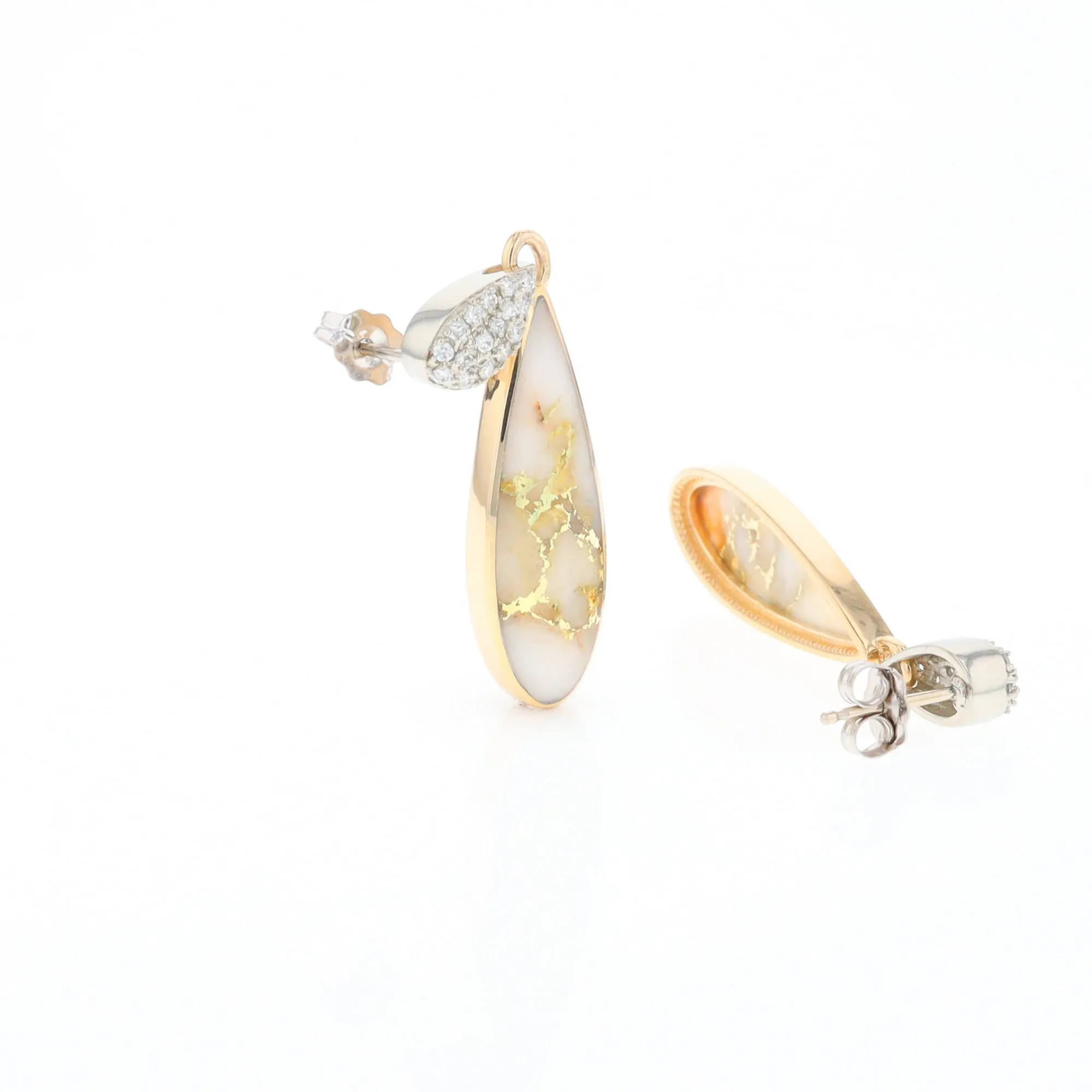 Gold Quartz Earrings, Tear Drop Inlaid with .22ctw Diamond Pave Design