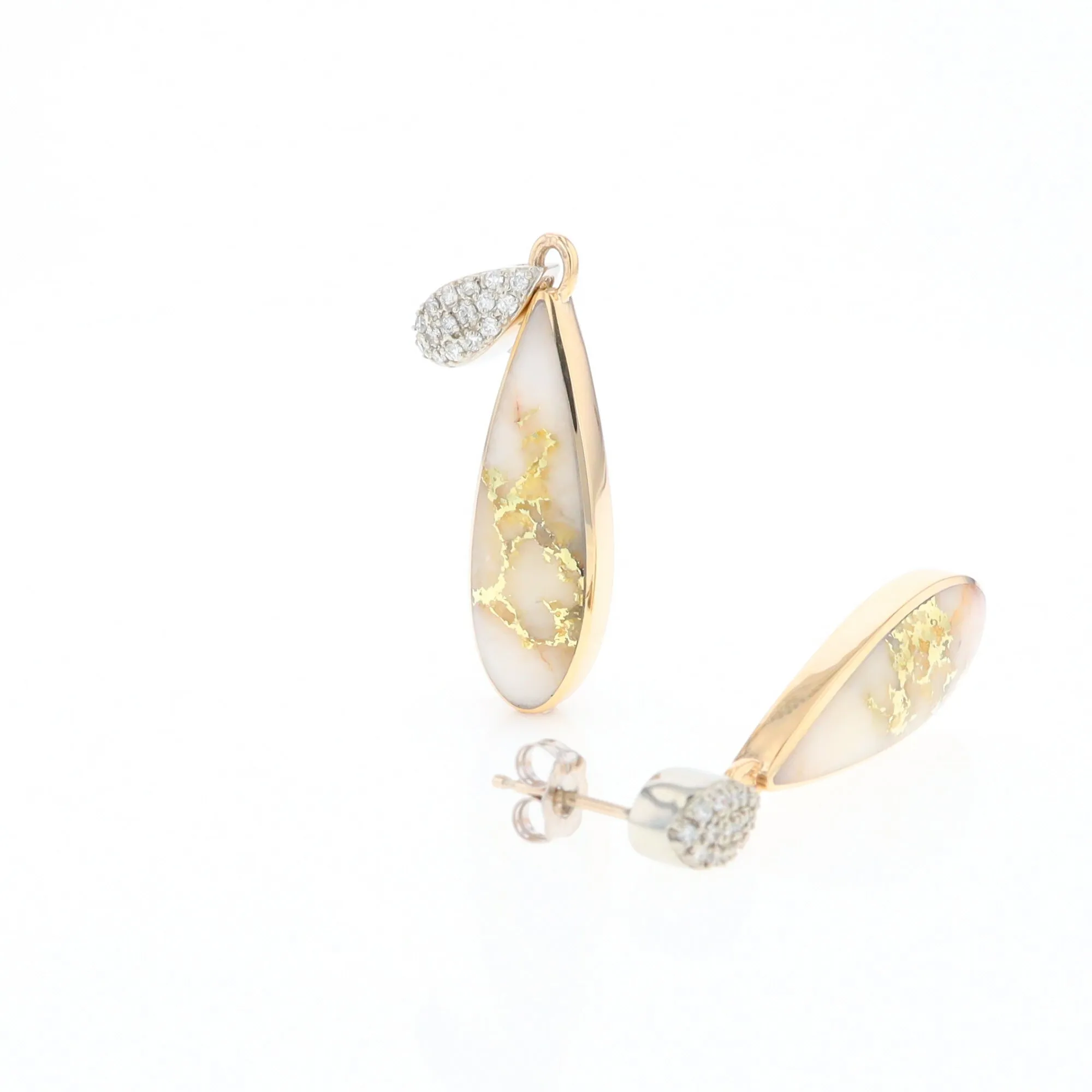 Gold Quartz Earrings, Tear Drop Inlaid with .22ctw Diamond Pave Design