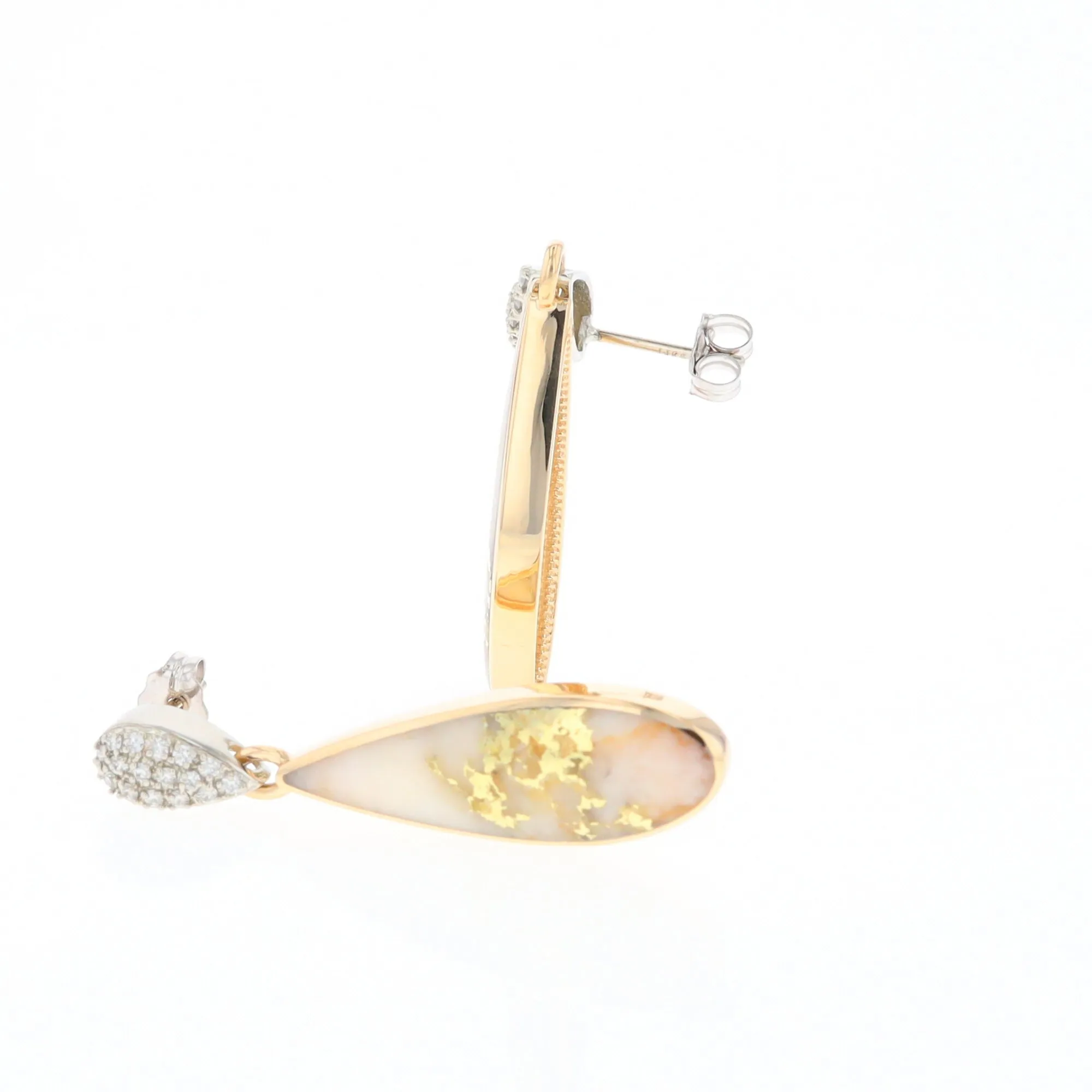 Gold Quartz Earrings, Tear Drop Inlaid with .22ctw Diamond Pave Design