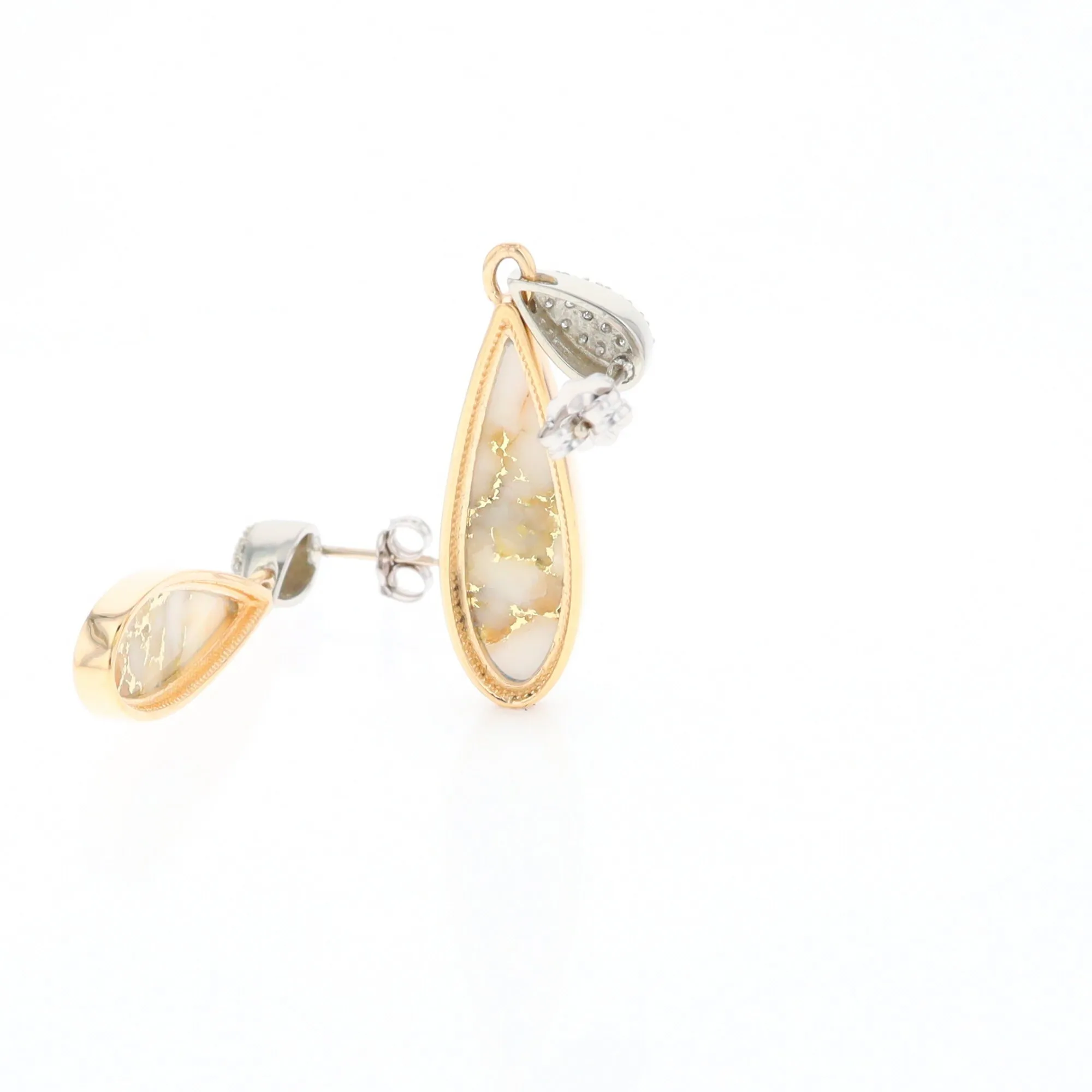 Gold Quartz Earrings, Tear Drop Inlaid with .22ctw Diamond Pave Design