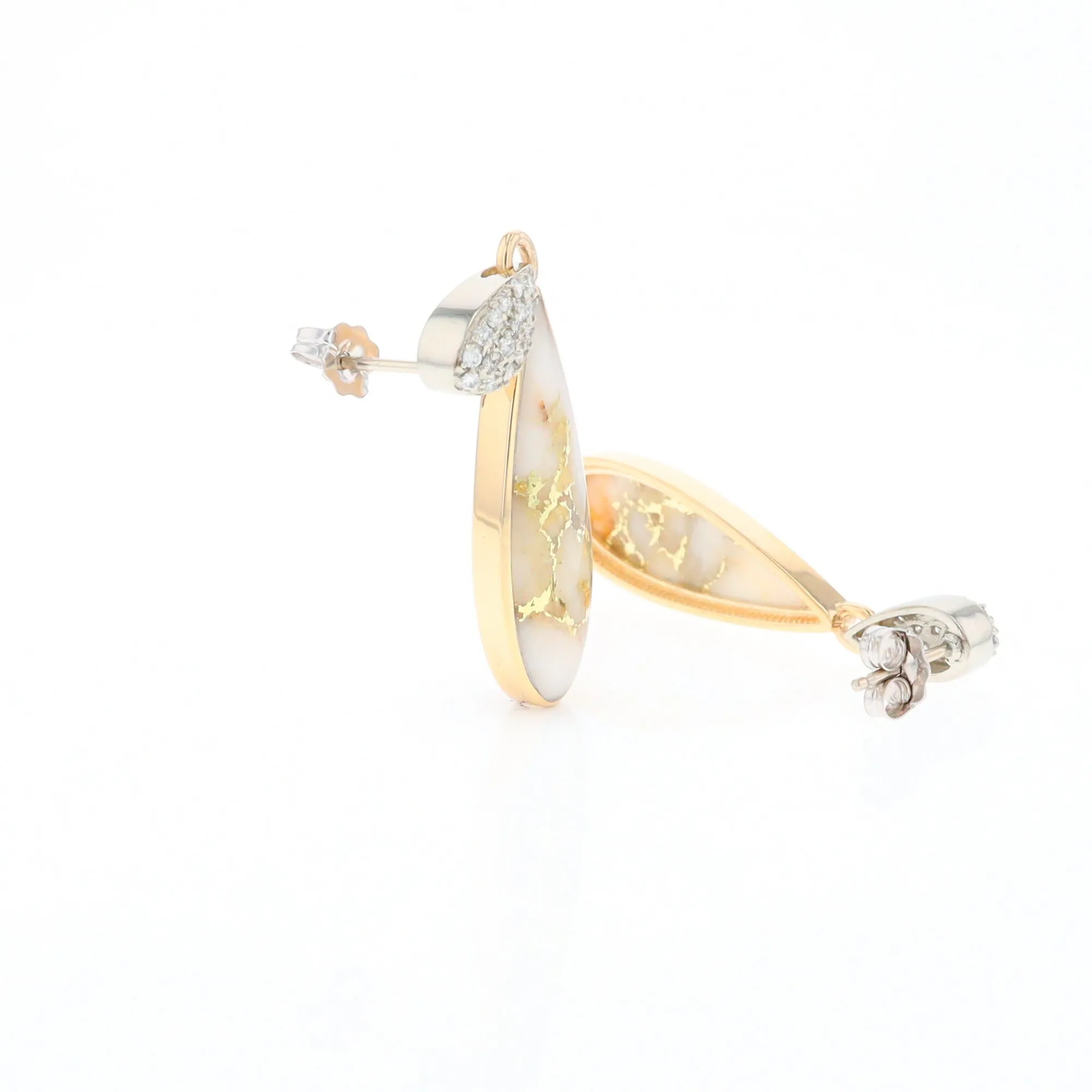 Gold Quartz Earrings, Tear Drop Inlaid with .22ctw Diamond Pave Design