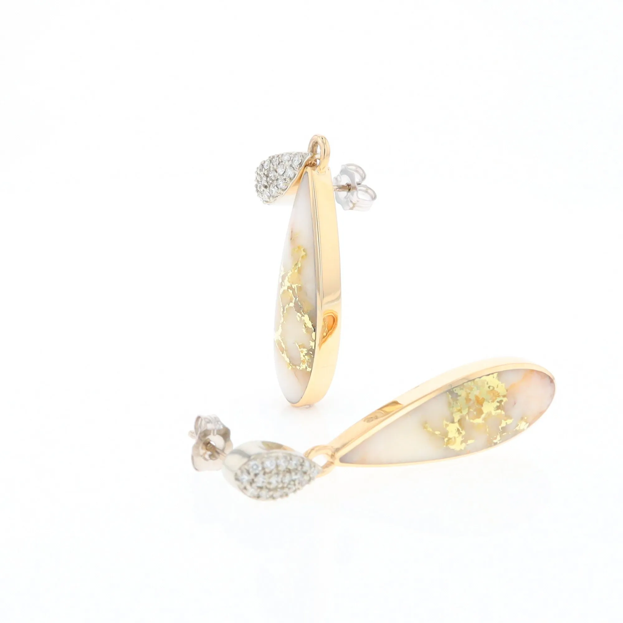 Gold Quartz Earrings, Tear Drop Inlaid with .22ctw Diamond Pave Design