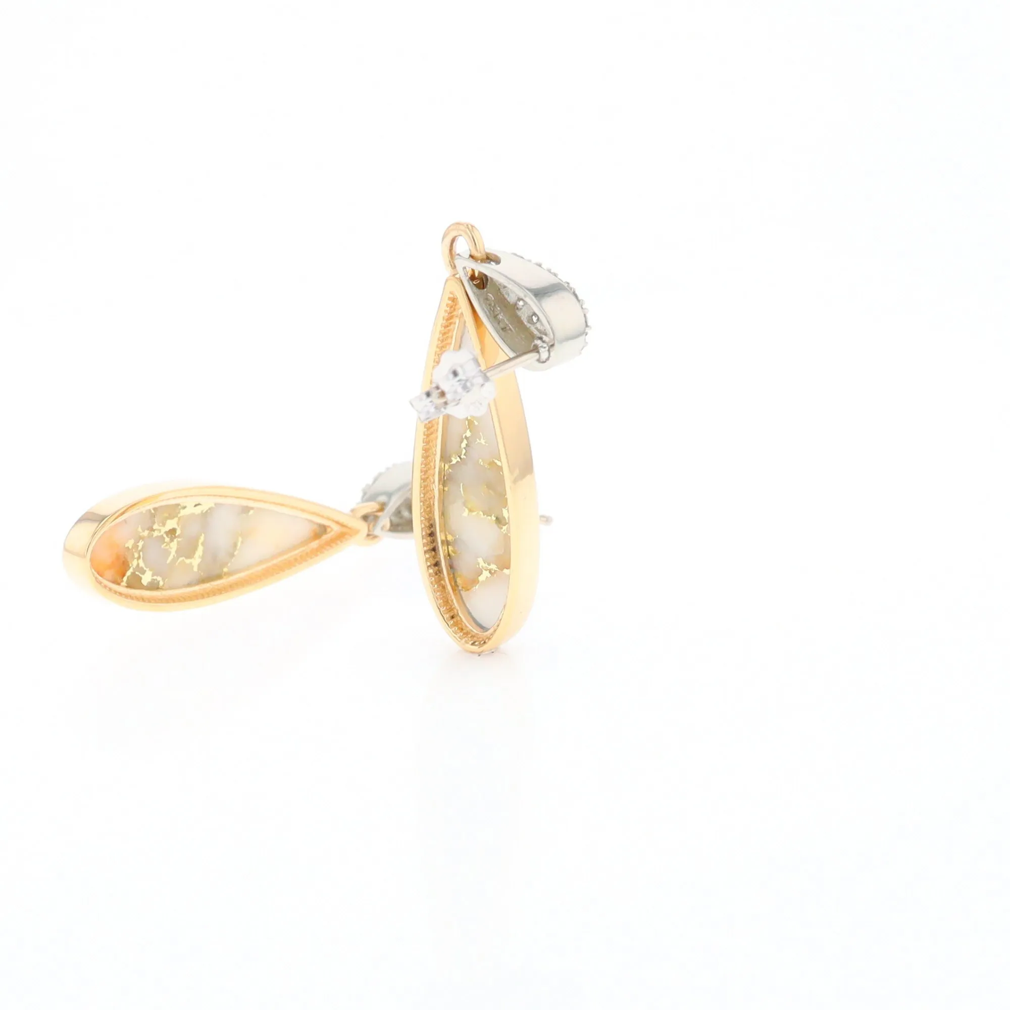 Gold Quartz Earrings, Tear Drop Inlaid with .22ctw Diamond Pave Design