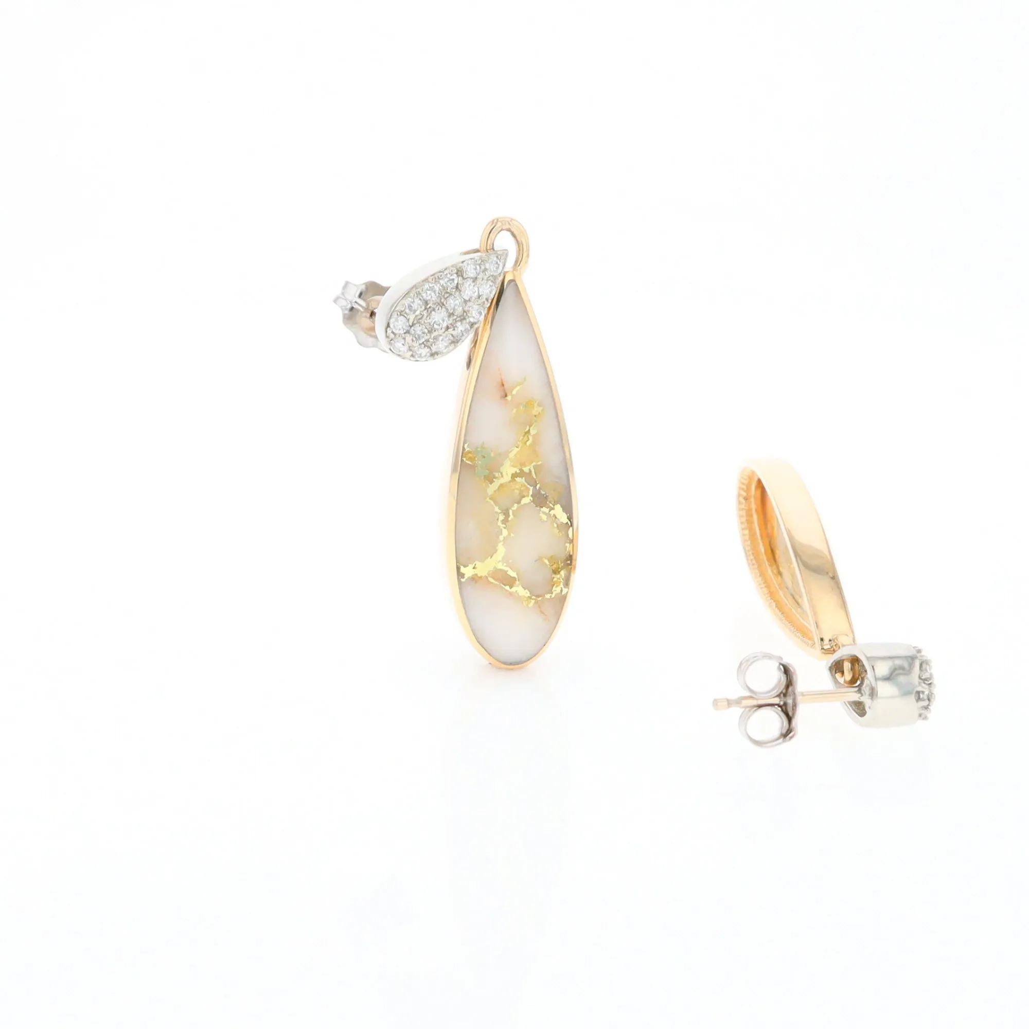 Gold Quartz Earrings, Tear Drop Inlaid with .22ctw Diamond Pave Design