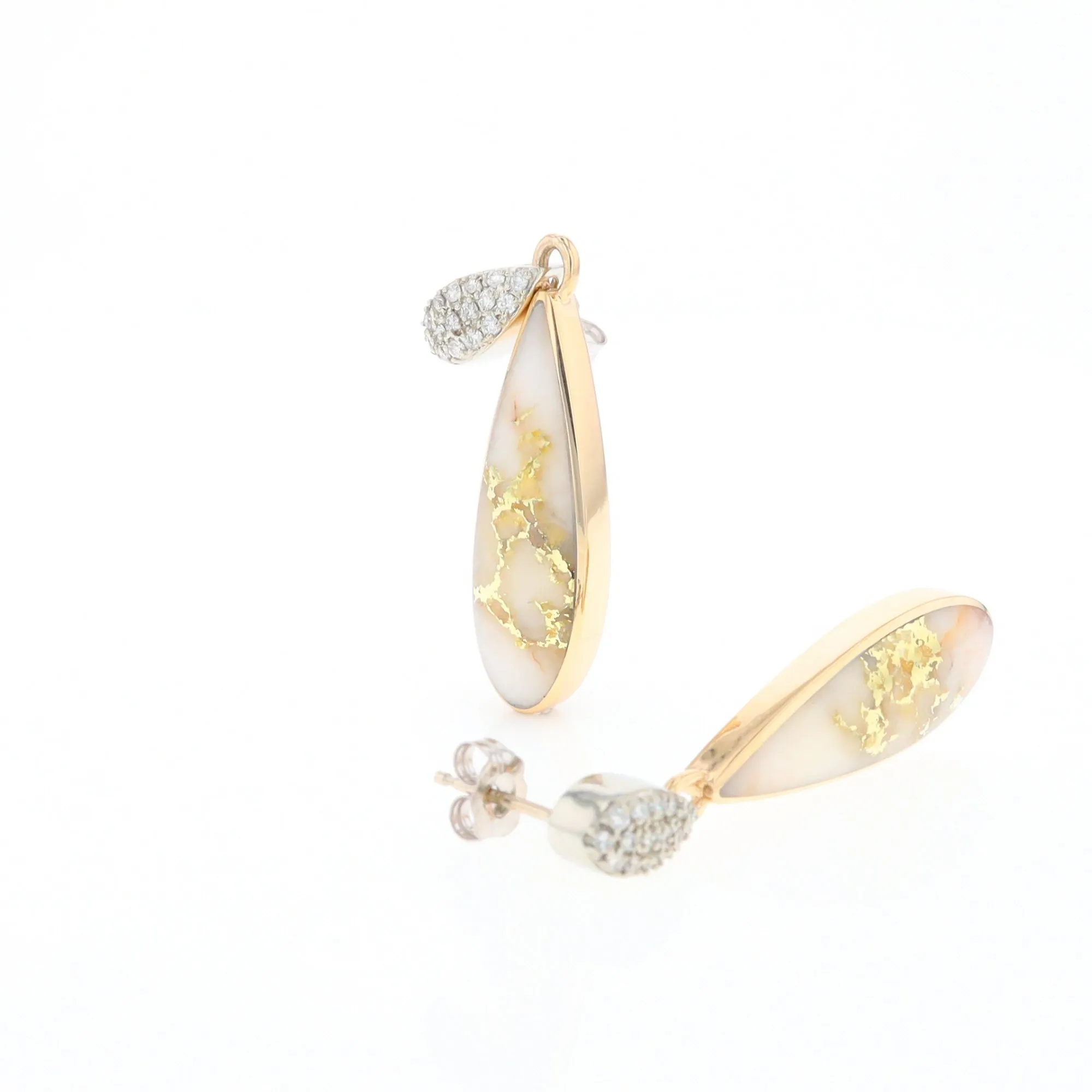 Gold Quartz Earrings, Tear Drop Inlaid with .22ctw Diamond Pave Design