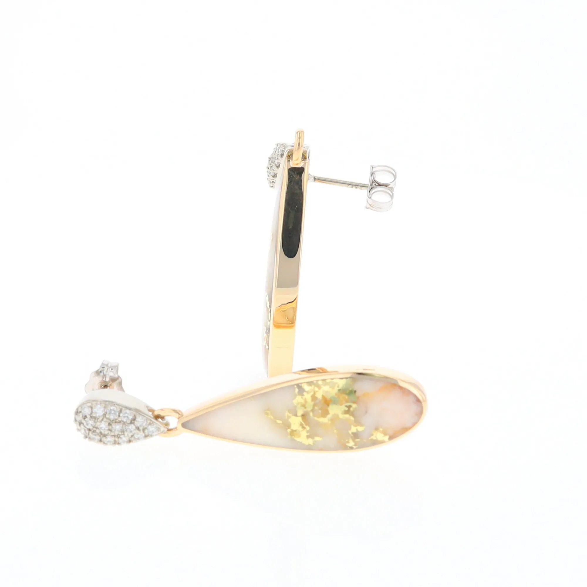 Gold Quartz Earrings, Tear Drop Inlaid with .22ctw Diamond Pave Design