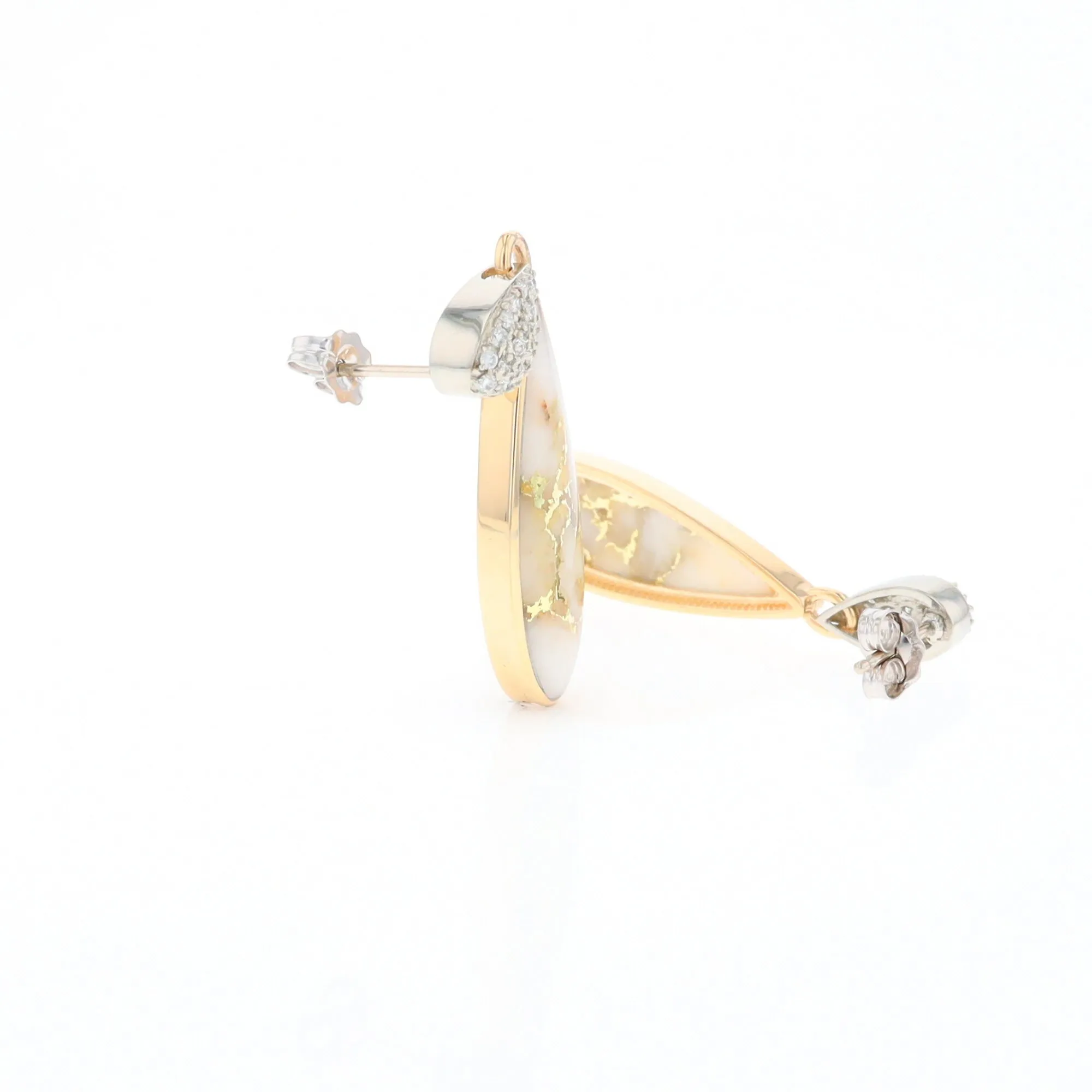 Gold Quartz Earrings, Tear Drop Inlaid with .22ctw Diamond Pave Design