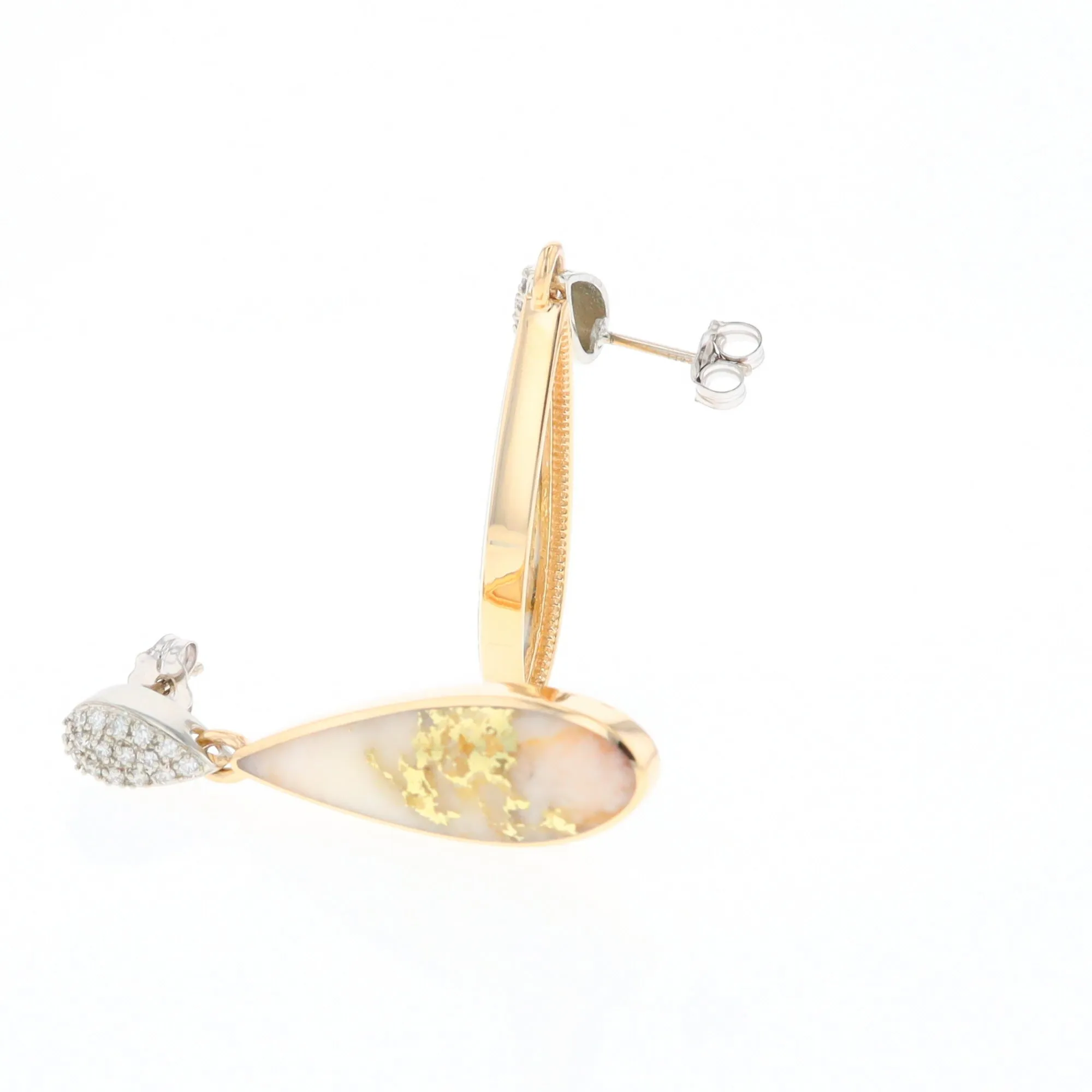 Gold Quartz Earrings, Tear Drop Inlaid with .22ctw Diamond Pave Design