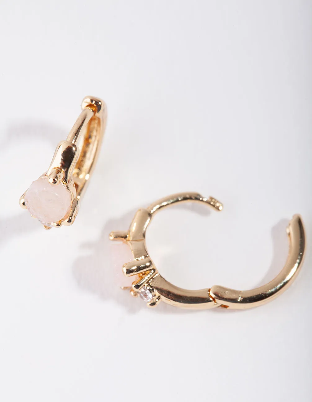 Gold Rose Quartz Semi Precious Huggie Earrings