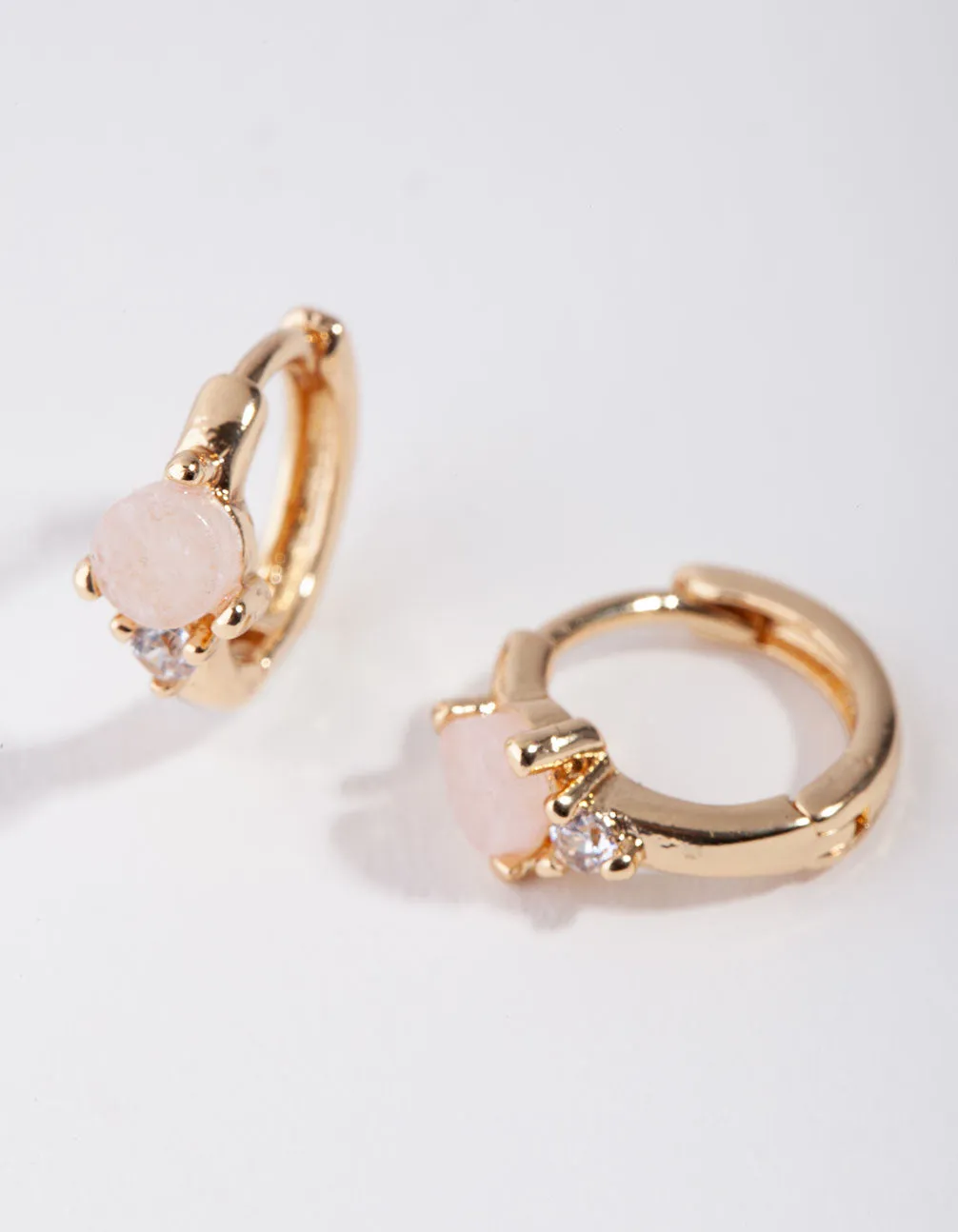 Gold Rose Quartz Semi Precious Huggie Earrings