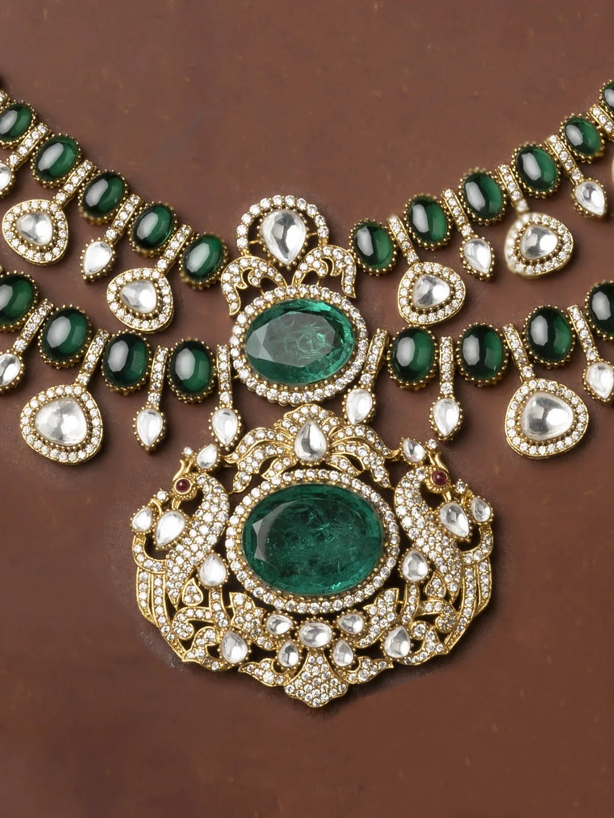 Green Color Gold Plated Moissanite Bridal Necklace Set - MO-S69GR