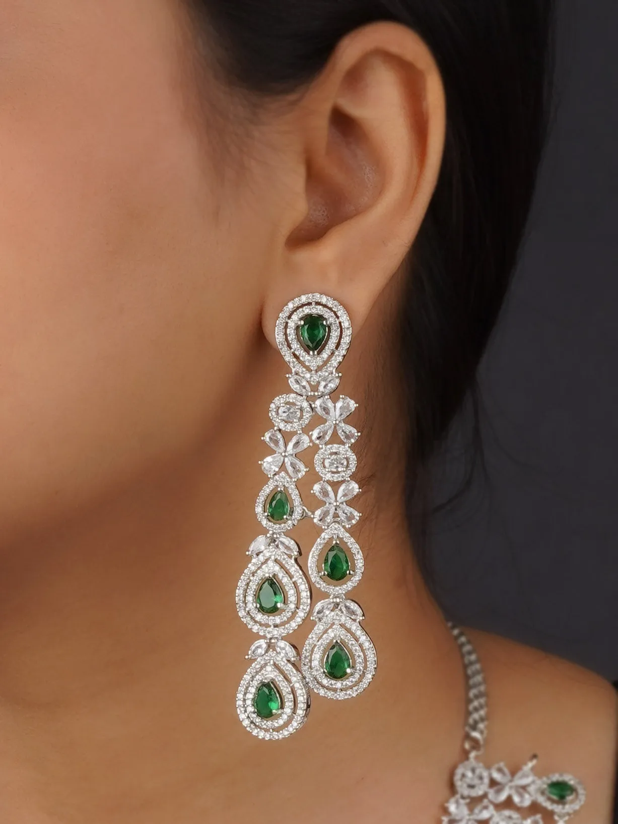 Green Color Silver Plated Faux Diamond Bridal Necklace Set - CZSET292GR