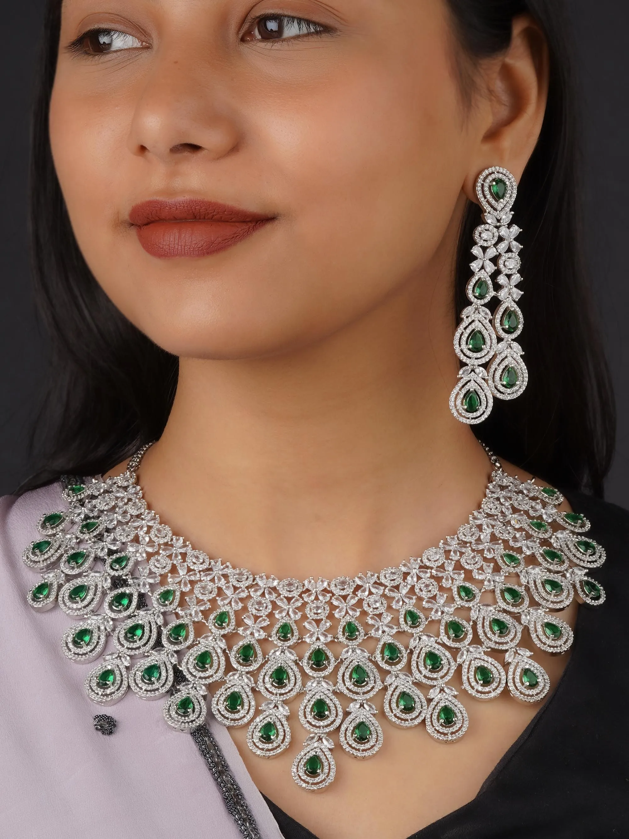 Green Color Silver Plated Faux Diamond Bridal Necklace Set - CZSET292GR