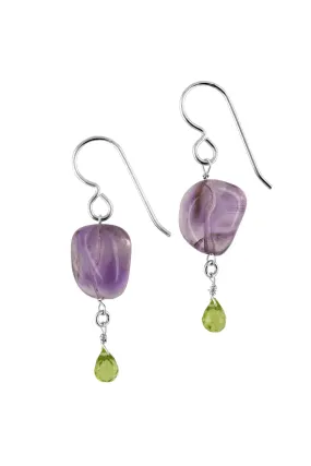 Green Peridot, Purple Amethyst Raw Gemstone Dangle Earrings