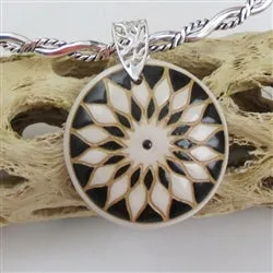 Handmade Black & Cream Large Floral Pendant Twisted  Silver Neck Wire