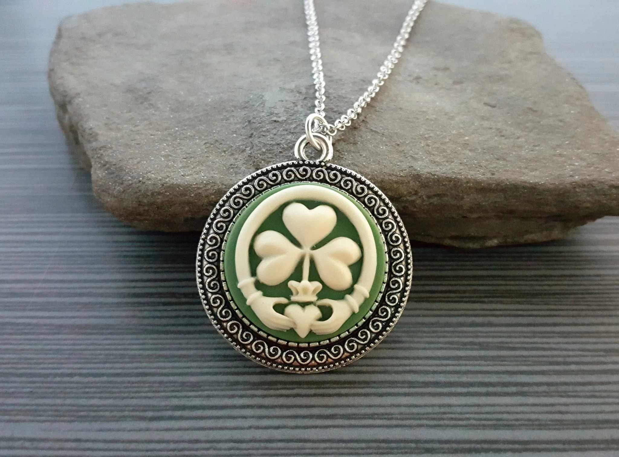 Handmade Claddagh Shamrock Cameo Necklace