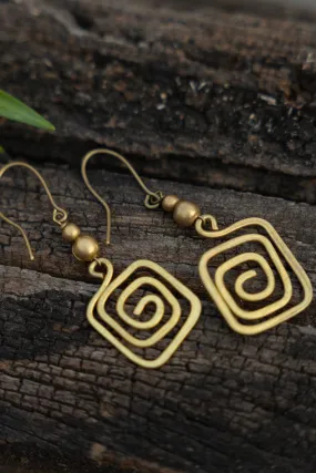 Handmade Dokra Brass Square Spiral Dangle Earrings with Intricate Design and Artistic Touch