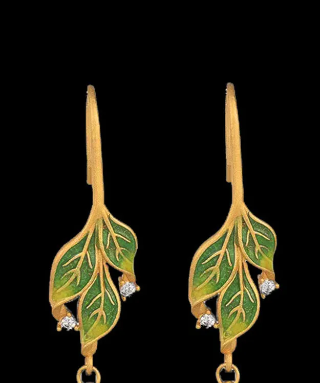 Handmade White Tree Leaves Zircon Jade Drop Earrings