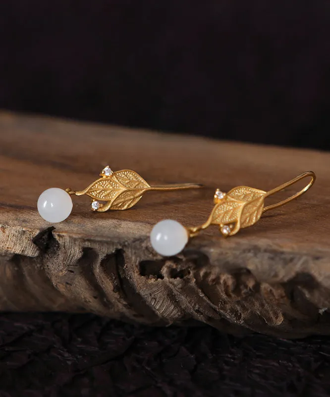 Handmade White Tree Leaves Zircon Jade Drop Earrings