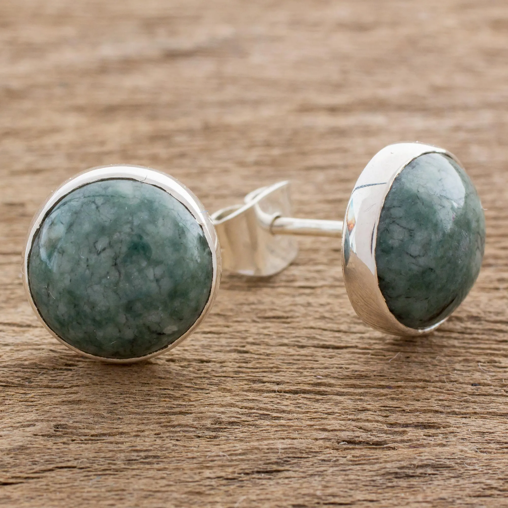 Harmonious Peace Jade & Silver Round Stud Earrings