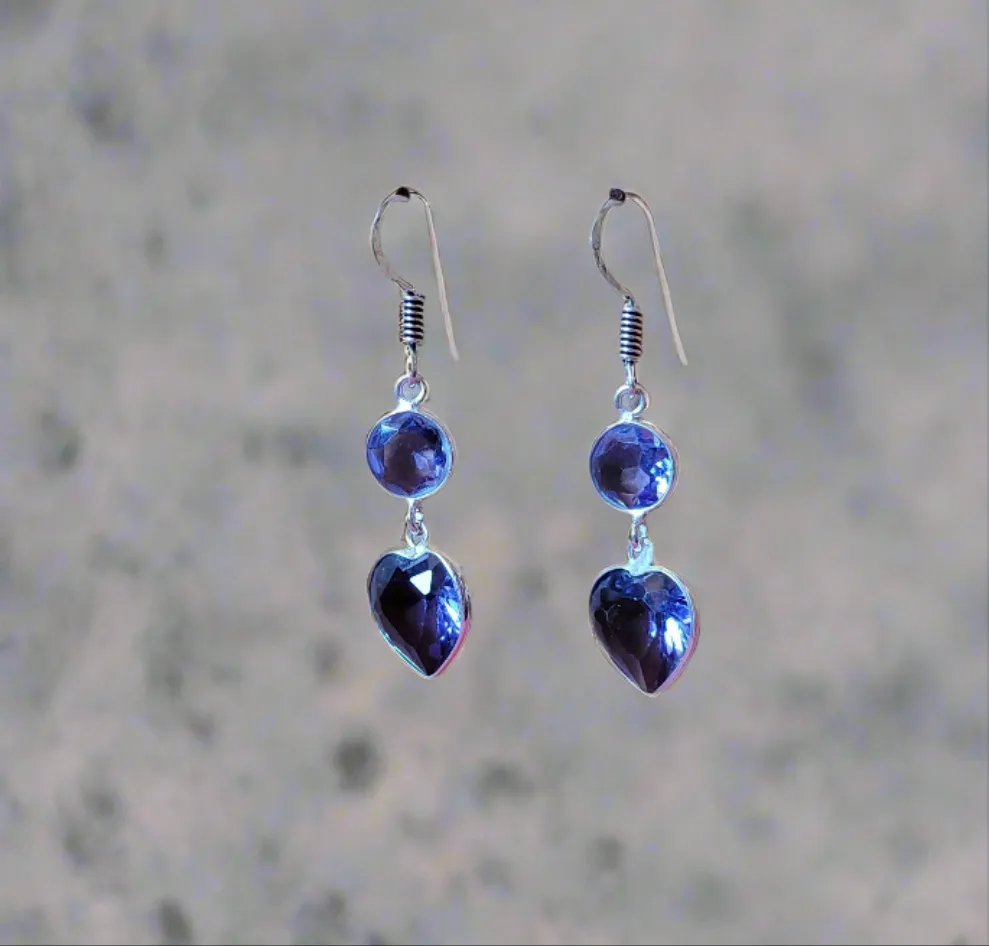 Heart & Circle Tanzanite Dangle Earrings in .925 Sterling Silver Handmade Artisan Jewelry