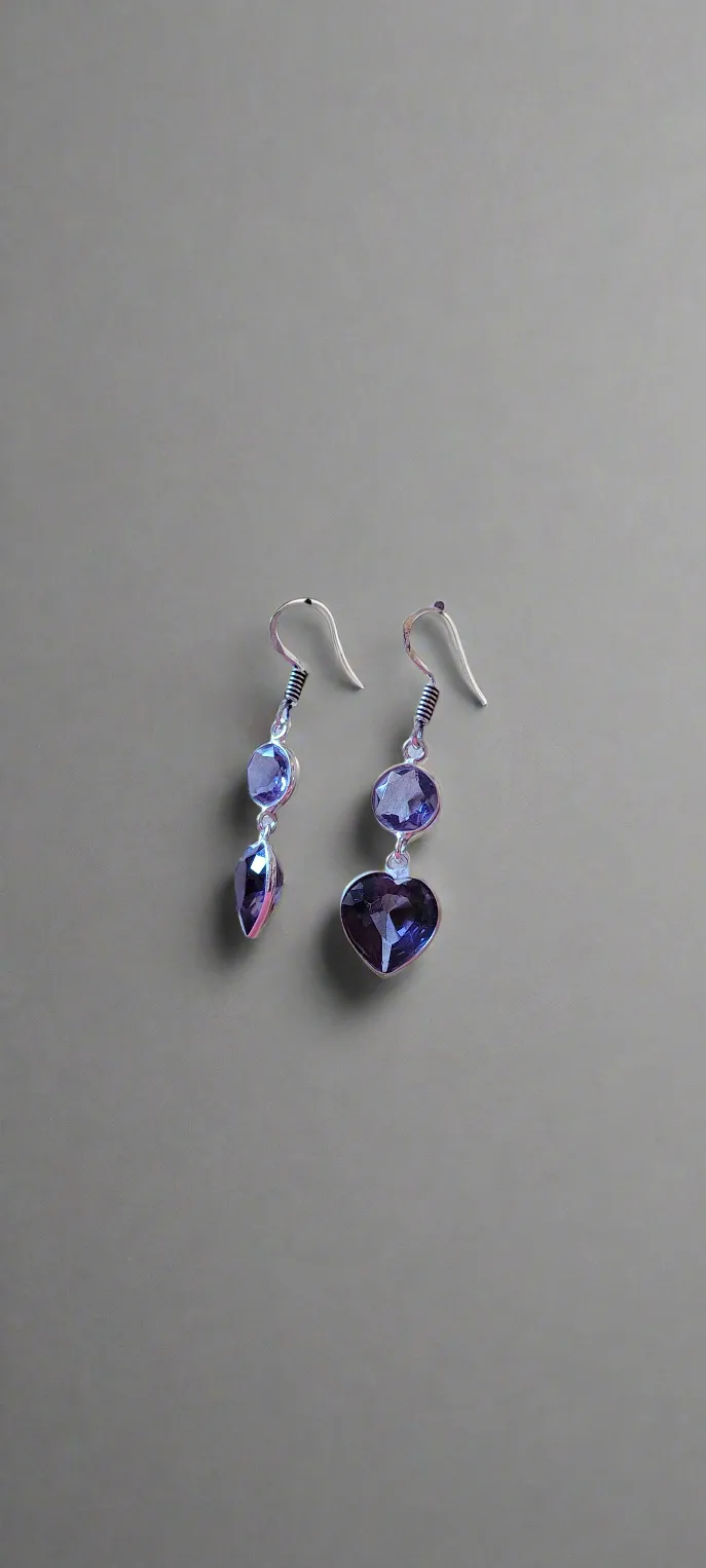 Heart & Circle Tanzanite Dangle Earrings in .925 Sterling Silver Handmade Artisan Jewelry