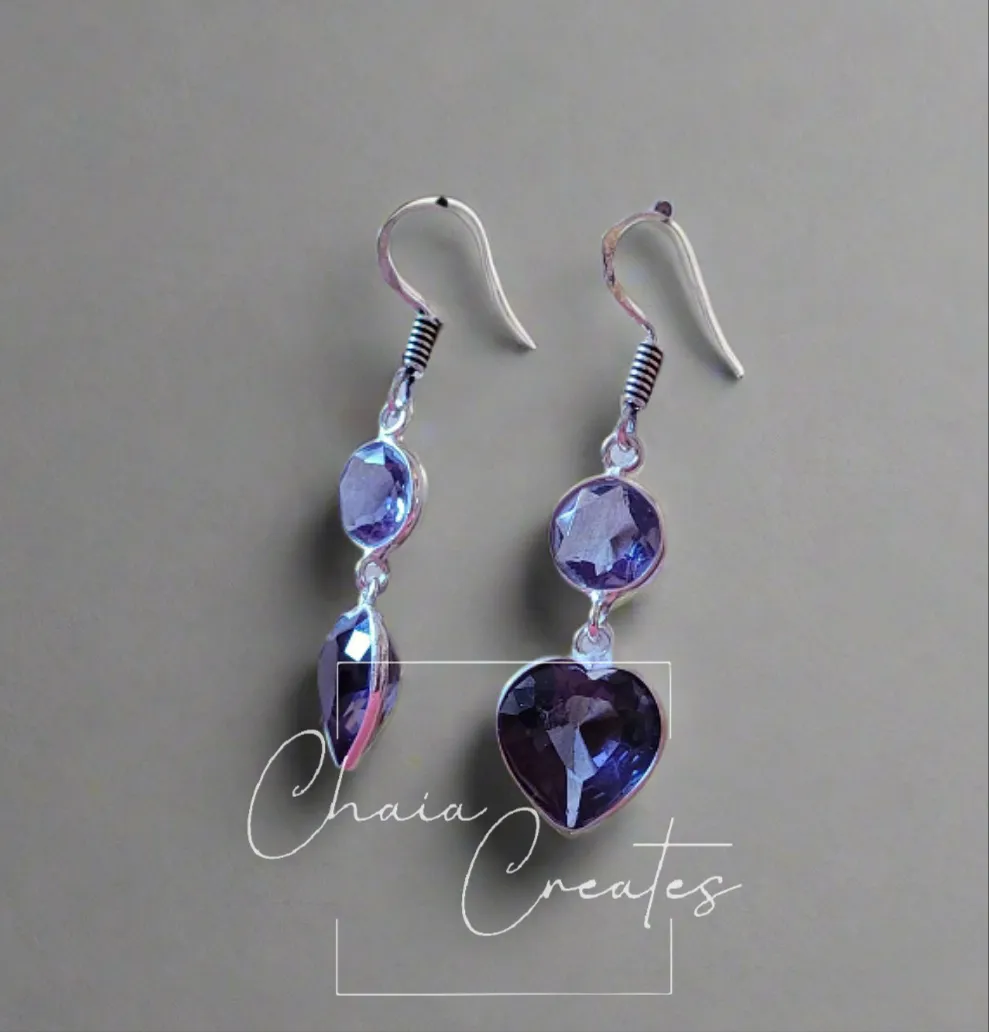 Heart & Circle Tanzanite Dangle Earrings in .925 Sterling Silver Handmade Artisan Jewelry