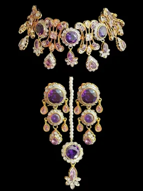 High quality cz  necklace set with tika - purple, Gold plated ( READY TO SHIP )