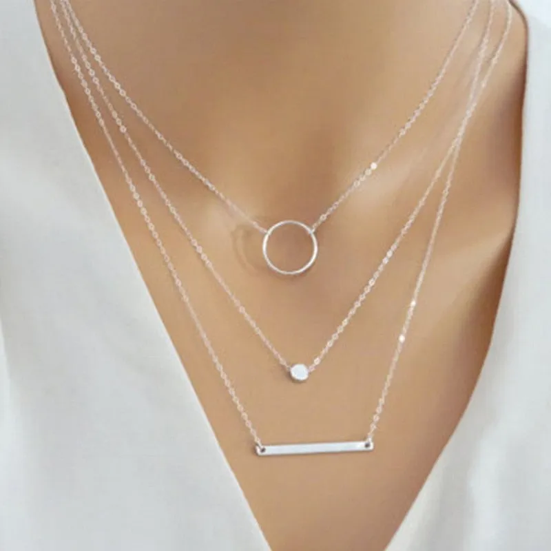 Hot Sale Fashion Statement Multilayer Necklace Multi-element Metal Rod Circles Geometric Round Chokers Necklaces Women Jewelry