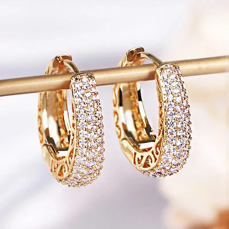 Huitan Hollow Gold Color Hoop Earrings for Women Paved Dazzling CZ Stone Luxury Trendy Female Circle Earrings Statement Jewelry