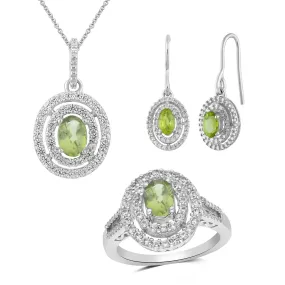 Jewelili Sterling Silver with 7x5 MM and 5X3 MM Oval Shape Peridot, Round Created White Sapphire and Natural White Round Diamonds Ring, Pendant and Earrings Set