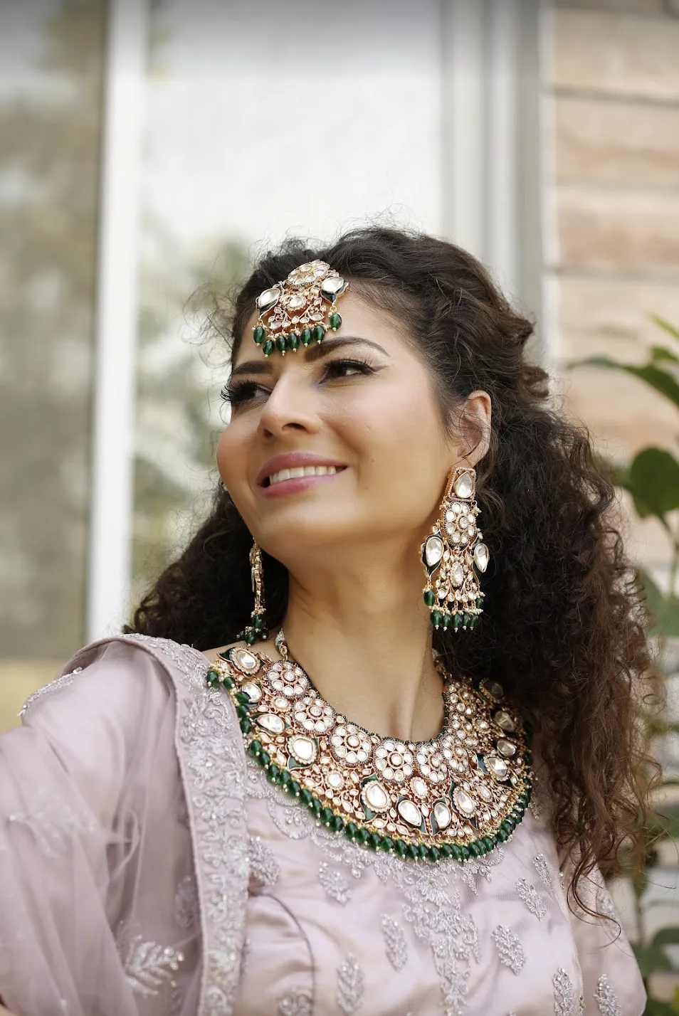 Jodhaa Masterpiece Green and Gold Kundan Bridal Statement Necklace, Earrings, and Mang Teeka Set