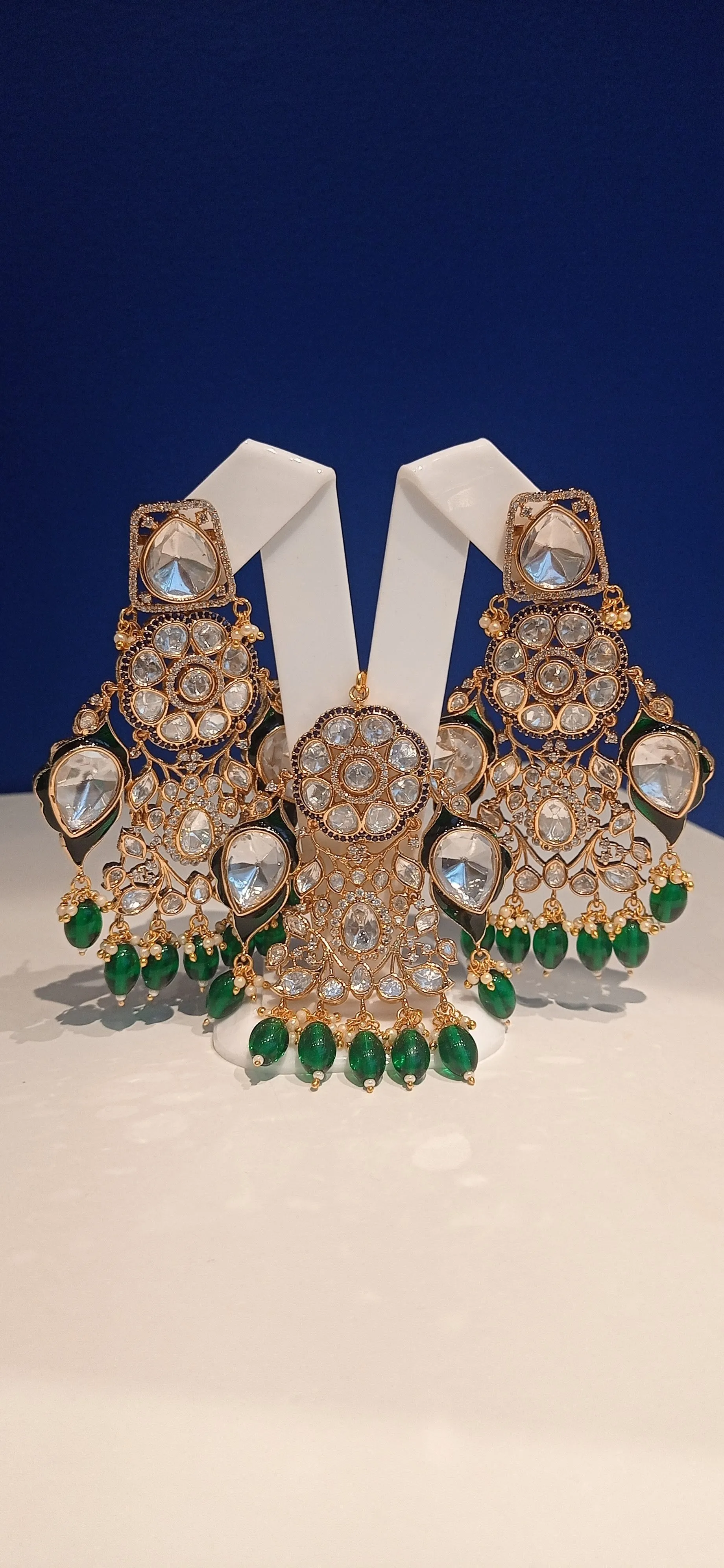 Jodhaa Masterpiece Green and Gold Kundan Bridal Statement Necklace, Earrings, and Mang Teeka Set