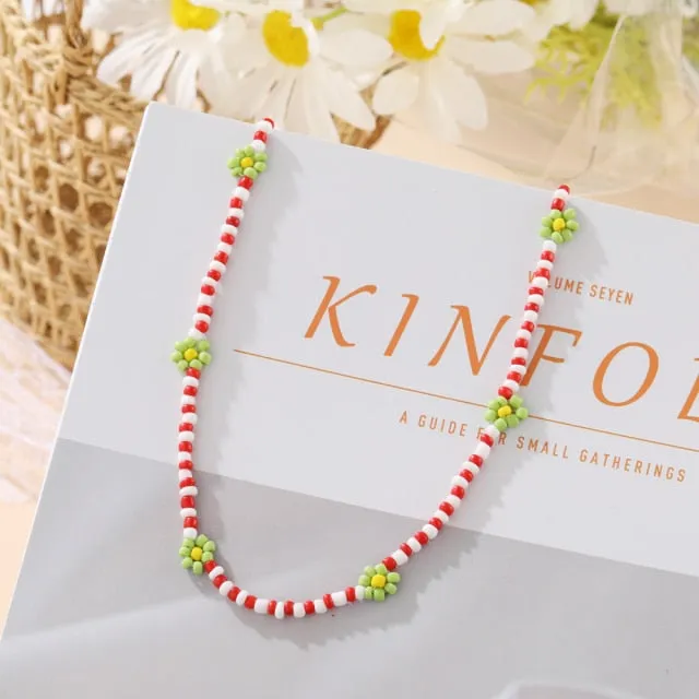 Korean Fashion Colorful Little Daisy Flower Beaded Necklace For Women Bohemian Beads Clavicle Chain Choker Necklace Jewelry