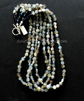 Labradorite Coin Bead 4-Strand Necklace with Blue & Gray Czechoslovakian Glass, Blue-Black Iridescent Glass, and Sterling Silver