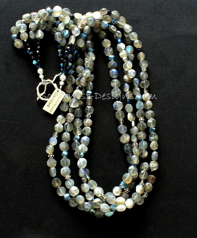 Labradorite Coin Bead 4-Strand Necklace with Blue & Gray Czechoslovakian Glass, Blue-Black Iridescent Glass, and Sterling Silver