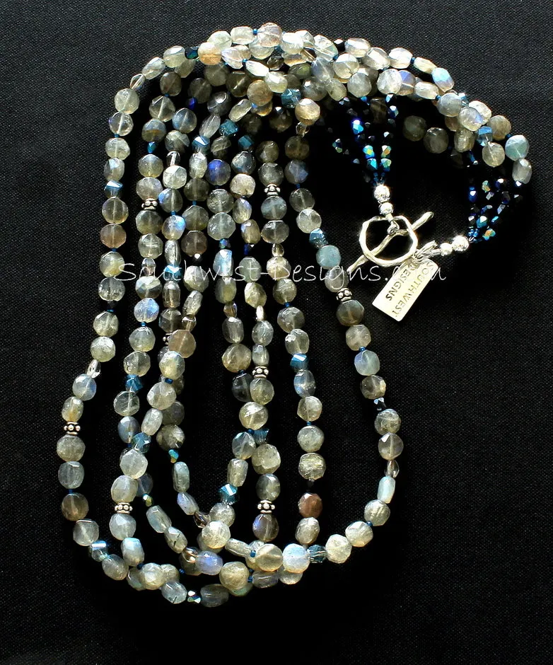 Labradorite Coin Bead 4-Strand Necklace with Blue & Gray Czechoslovakian Glass, Blue-Black Iridescent Glass, and Sterling Silver